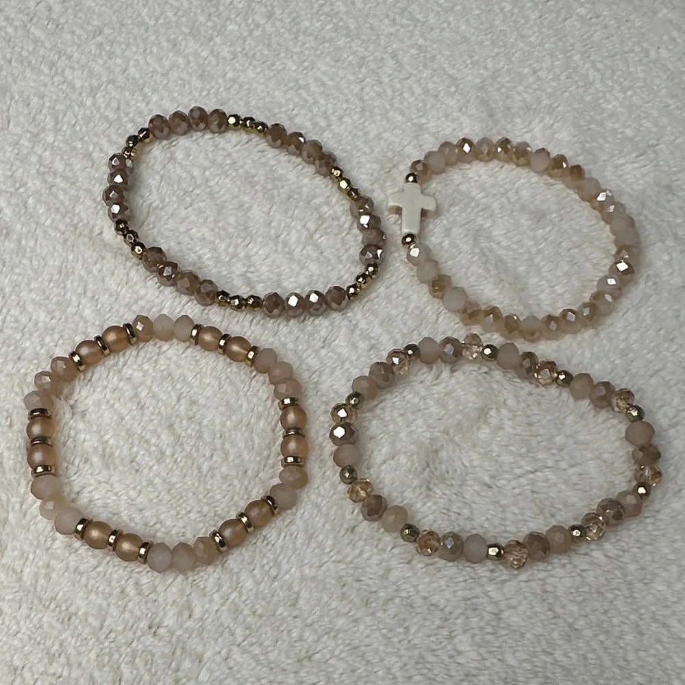 Beaded Bracelets Pretty Neutral Gold Mauve Pink Set of 4 with Cross Charm NWOT